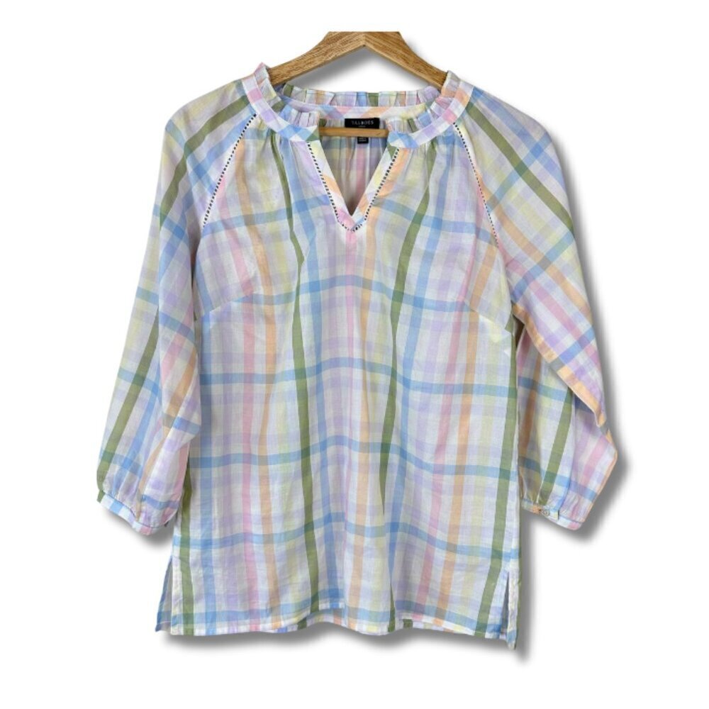 Talbots Women's Rainbow Plaid Blouse Top Ruffle Lightweight Cotton Petite